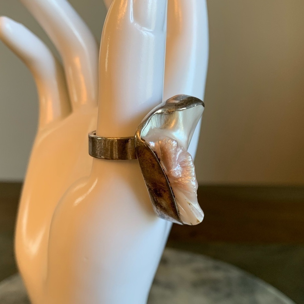 Sterling Silver Ring Irregular Pearl Adjustable Size 6 Stamp 925 Vtg Light Pink - Picture 3 of 13